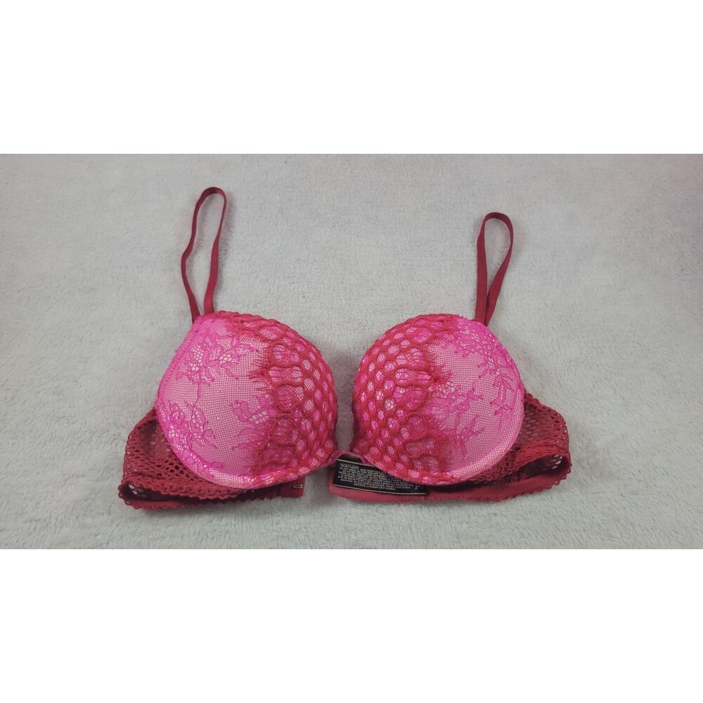 Victorias Secret Bombshell Add 2 Cups Push Up Bra 32A Hot Pink Red Lace Plunge